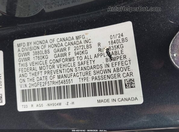 2HGFE2F57RH548551 2024 HONDA CIVIC Gray Widok komory silnika