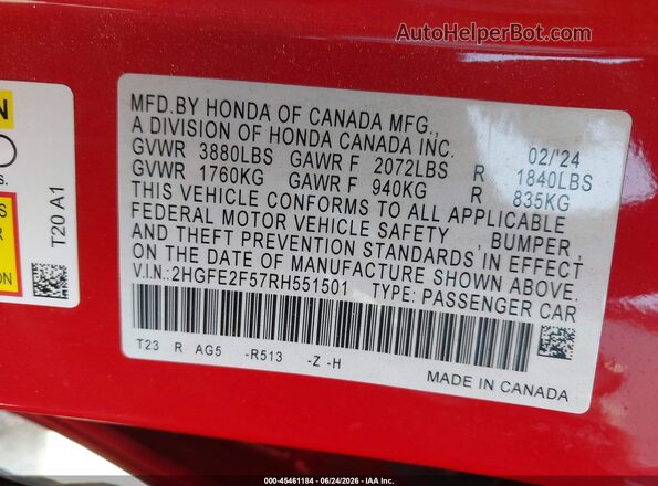 2HGFE2F57RH551501 2024 HONDA CIVIC Красный Вид подкапотного пространства