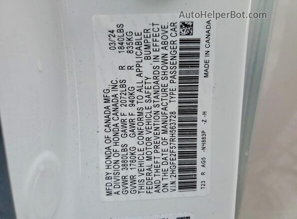 2HGFE2F57RH563728 2024 HONDA CIVIC Белый 