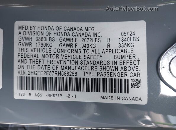 2HGFE2F57RH588256 2024 HONDA CIVIC Gray ძრავის განყოფილების ხედი