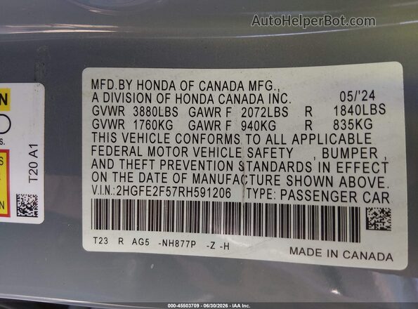 2HGFE2F57RH591206 2024 HONDA CIVIC Серый Вид подкапотного пространства