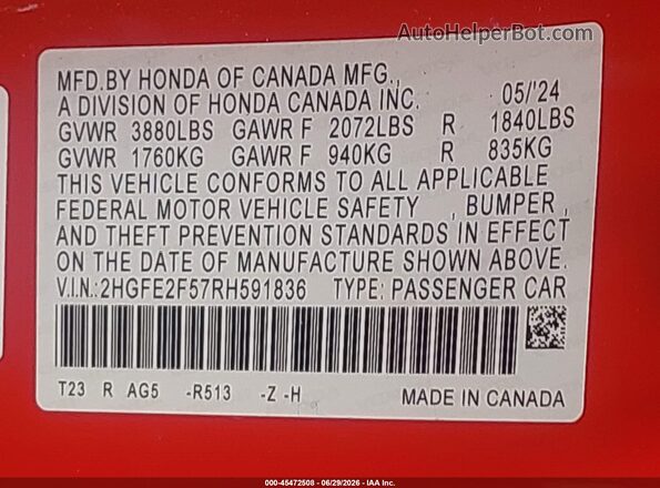 2HGFE2F57RH591836 2024 HONDA CIVIC Red Vista del compartimento del motor