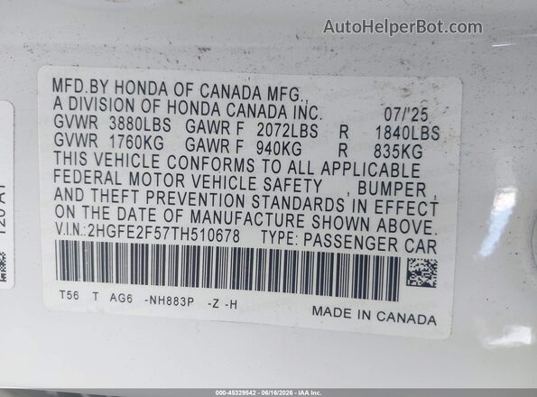 2HGFE2F57TH510678 2026 HONDA CIVIC White Շարժիչի բաժամունքի տեսք