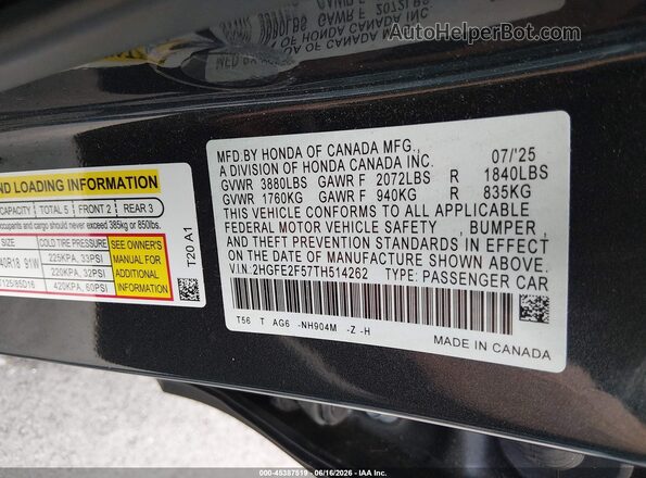 2HGFE2F57TH514262 2026 HONDA CIVIC Gray Engine compartment view