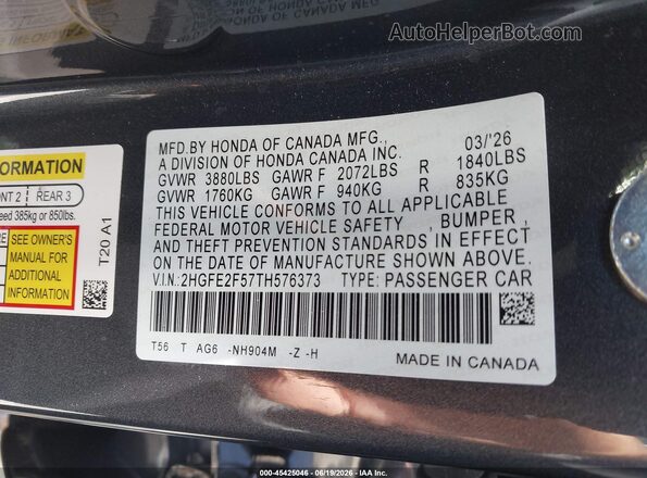 2HGFE2F57TH576373 2026 HONDA CIVIC Gray ძრავის განყოფილების ხედი