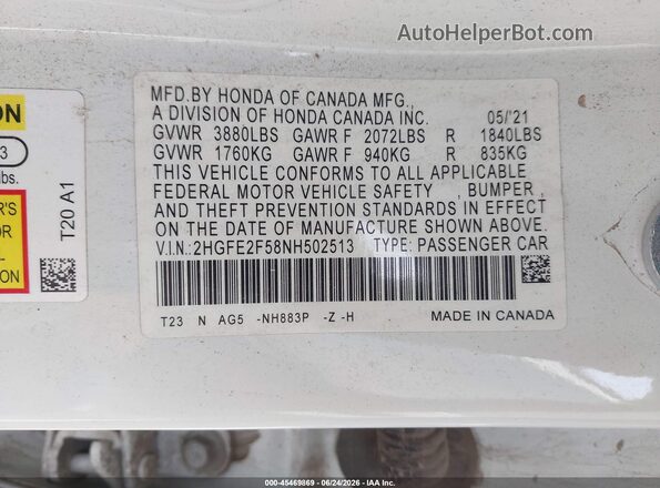 2HGFE2F58NH502513 2022 HONDA CIVIC White ძრავის განყოფილების ხედი