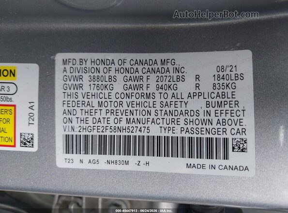 2HGFE2F58NH527475 2022 HONDA CIVIC Silver Widok komory silnika