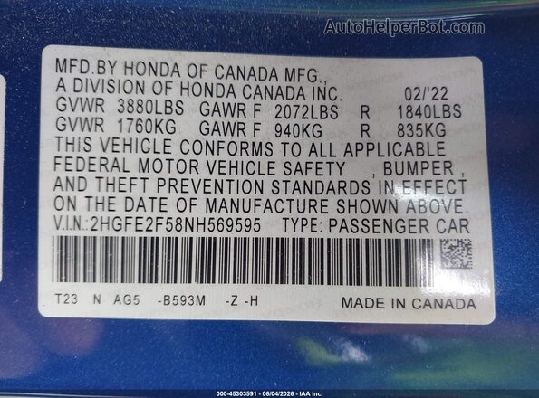 2HGFE2F58NH569595 2022 HONDA CIVIC Blue 