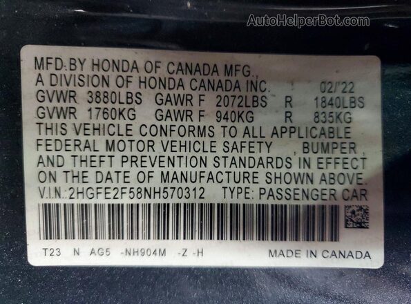 2HGFE2F58NH570312 2022 HONDA CIVIC Gray Engine compartment view