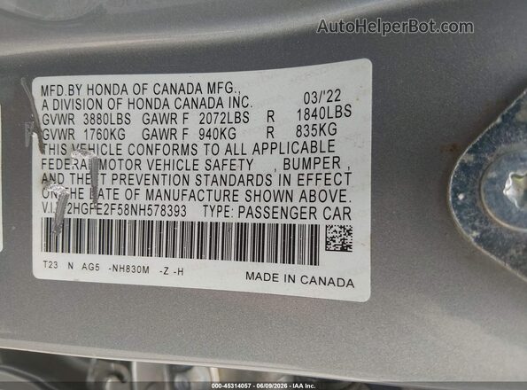 2HGFE2F58NH578393 2022 HONDA CIVIC Gray Engine compartment view