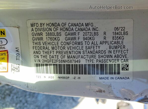 2HGFE2F58NH587949 2022 HONDA CIVIC White 
