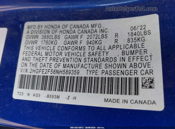 2HGFE2F58NH589359 2022 HONDA CIVIC Blue Engine compartment view