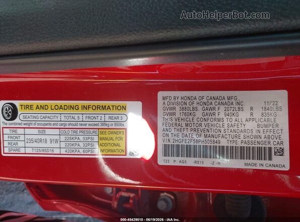 2HGFE2F58PH505849 2023 HONDA CIVIC Red Շարժիչի բաժամունքի տեսք