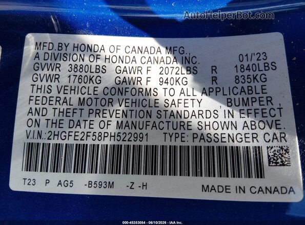 2HGFE2F58PH522991 2023 HONDA CIVIC Blue Engine compartment view