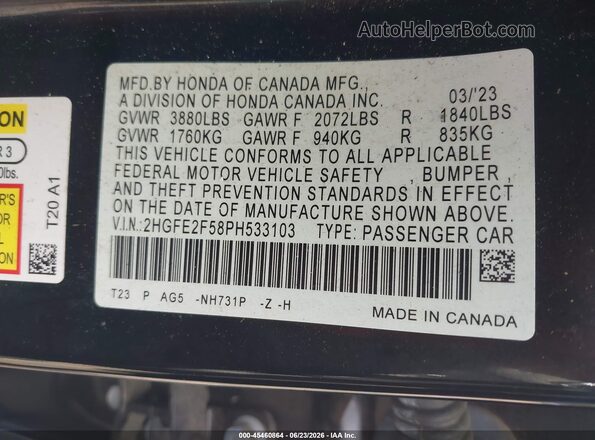 2HGFE2F58PH533103 2023 HONDA CIVIC Black Engine compartment view