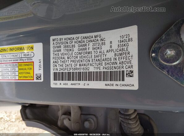 2HGFE2F58RH516062 2024 HONDA CIVIC Gray Вид підкапотного простору