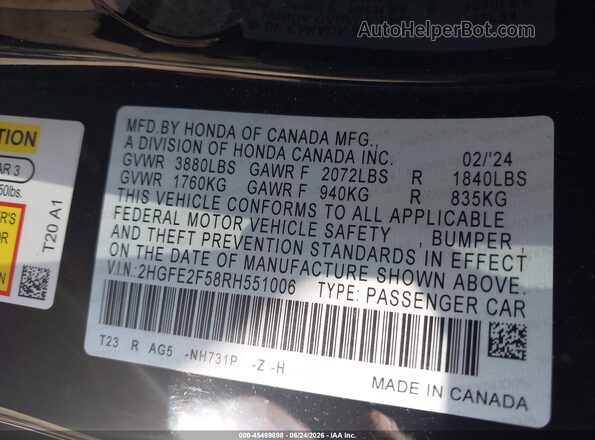 2HGFE2F58RH551006 2024 HONDA CIVIC Black Engine compartment view