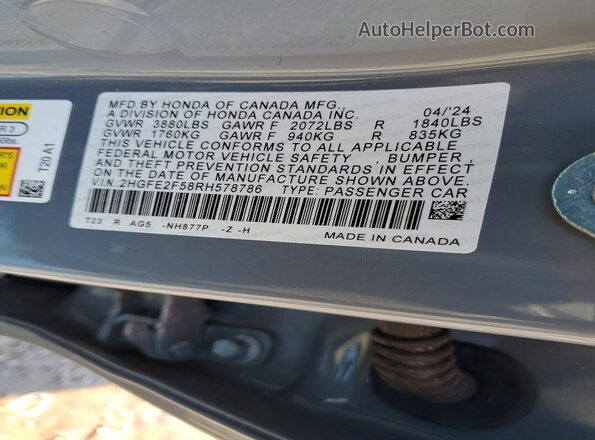 2HGFE2F58RH578786 2024 HONDA CIVIC Gray Вид наклейки з VIN-кодом