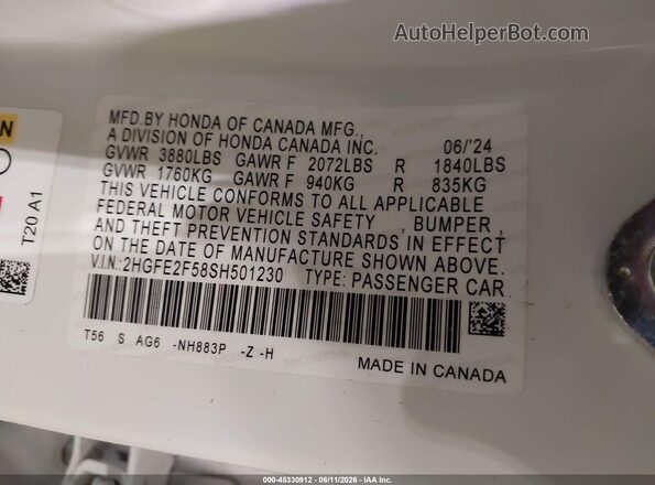 2HGFE2F58SH501230 2025 HONDA CIVIC White Engine compartment view