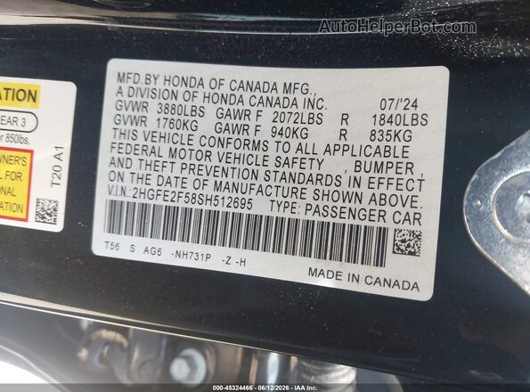 2HGFE2F58SH512695 2025 HONDA CIVIC Black Շարժիչի բաժամունքի տեսք