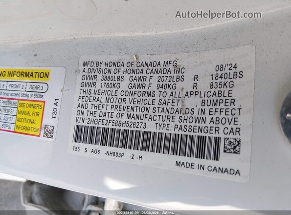 2HGFE2F58SH526273 2025 HONDA CIVIC White Շարժիչի բաժամունքի տեսք