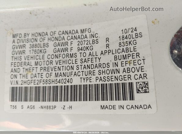 2HGFE2F58SH540240 2025 HONDA CIVIC Белый Вид подкапотного пространства