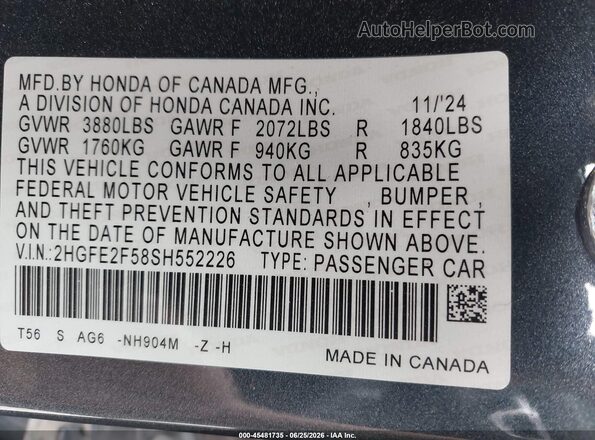 2HGFE2F58SH552226 2025 HONDA CIVIC Gray ძრავის განყოფილების ხედი