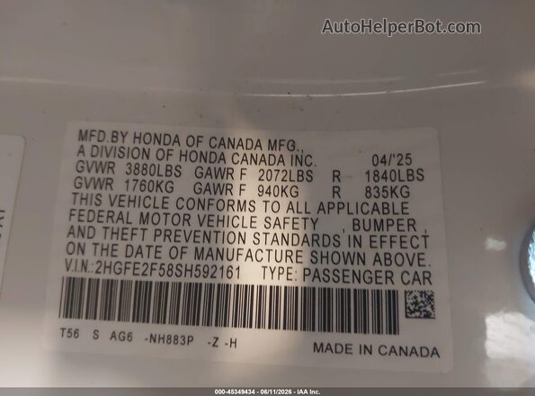 2HGFE2F58SH592161 2025 HONDA CIVIC White Engine compartment view