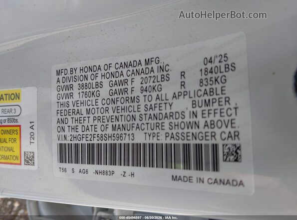 2HGFE2F58SH596713 2025 HONDA CIVIC Белый Вид наклейки с VIN-кодом