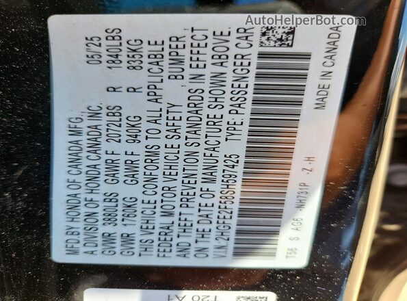2HGFE2F58SH597425 2025 HONDA CIVIC Black Vista de la etiqueta del VIN
