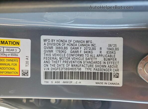 2HGFE2F58SH605796 2025 HONDA CIVIC Gray 