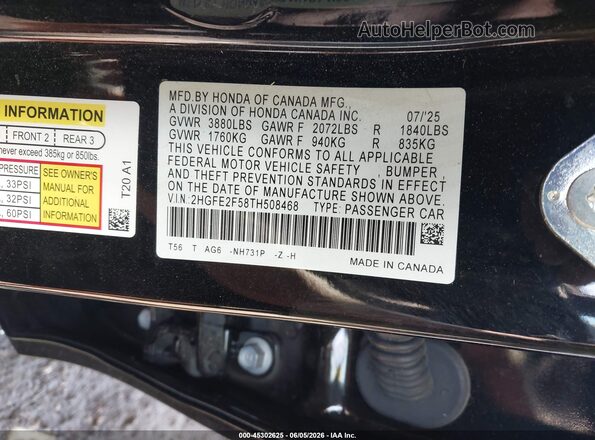 2HGFE2F58TH508468 2026 HONDA CIVIC Black ძრავის განყოფილების ხედი