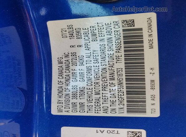 2HGFE2F59NH518753 2022 HONDA CIVIC Blue Vista del compartimento del motor