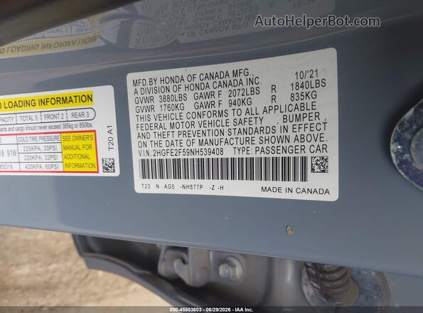 2HGFE2F59NH539408 2022 HONDA CIVIC Gray Vista del compartimento del motor