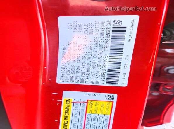 2HGFE2F59NH542230 2022 HONDA CIVIC Red 