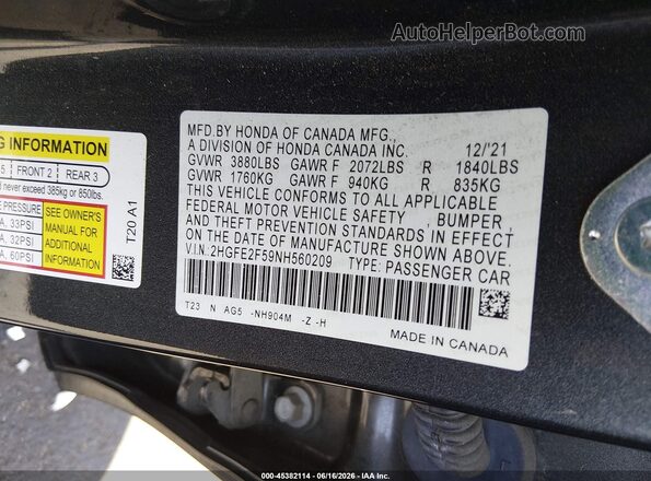 2HGFE2F59NH560209 2022 HONDA CIVIC Gray Engine compartment view