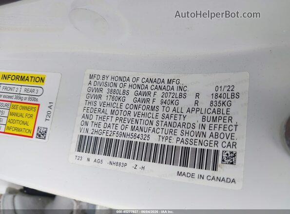 2HGFE2F59NH564325 2022 HONDA CIVIC White Widok komory silnika