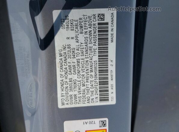 2HGFE2F59NH586325 2022 HONDA CIVIC Gray VIN sticker view
