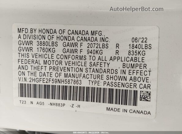 2HGFE2F59NH587863 2022 HONDA CIVIC White Շարժիչի բաժամունքի տեսք