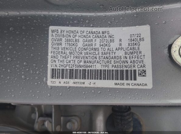 2HGFE2F59NH594411 2022 HONDA CIVIC Silver Widok komory silnika