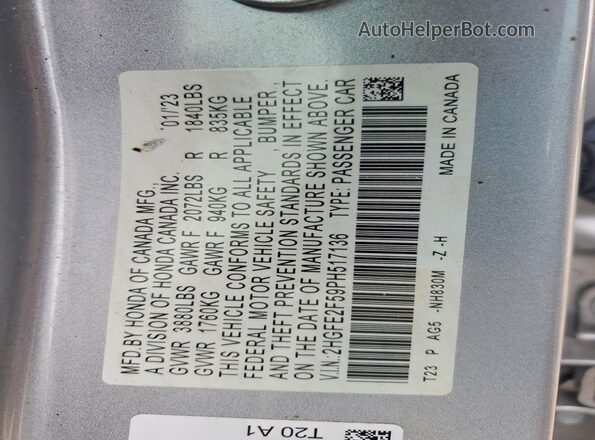 2HGFE2F59PH517136 2023 HONDA CIVIC Silver Շարժիչի բաժամունքի տեսք