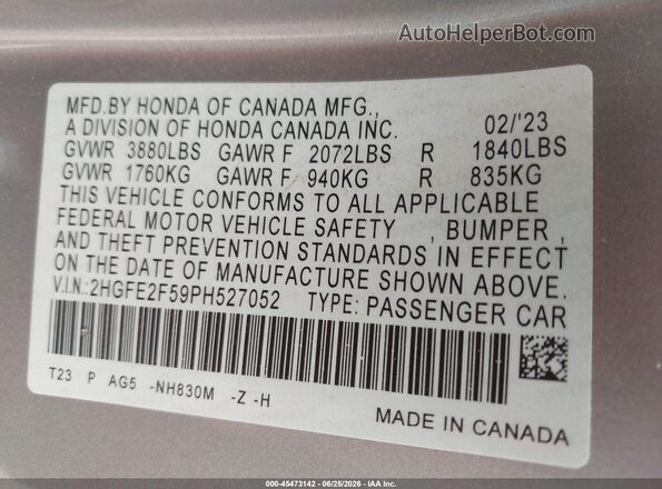 2HGFE2F59PH527052 2023 HONDA CIVIC Silver Engine compartment view