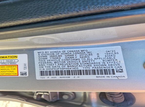 2HGFE2F59PH541405 2023 HONDA CIVIC Silver Widok naklejki z numerem VIN