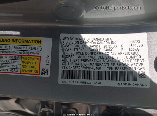 2HGFE2F59PH546460 2023 HONDA CIVIC Silver Engine compartment view