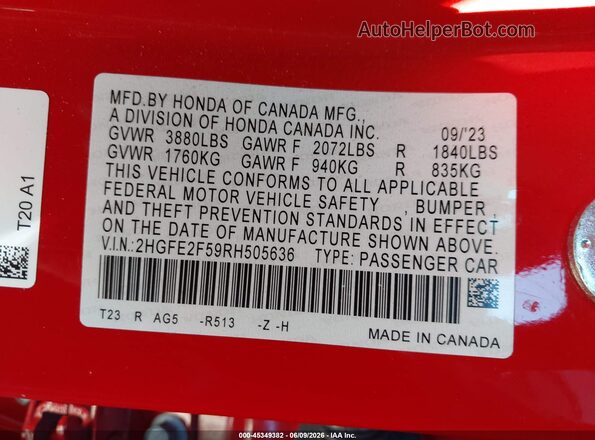2HGFE2F59RH505636 2024 HONDA CIVIC Red Շարժիչի բաժամունքի տեսք