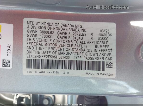 2HGFE2F59SH581430 2025 HONDA CIVIC Silver ძრავის განყოფილების ხედი