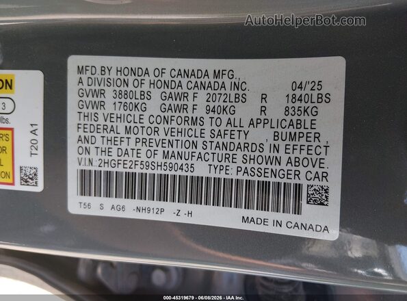 2HGFE2F59SH590435 2025 HONDA CIVIC Gray Engine compartment view