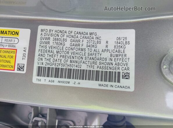 2HGFE2F59TH501402 2026 HONDA CIVIC Gray Շարժիչի բաժամունքի տեսք