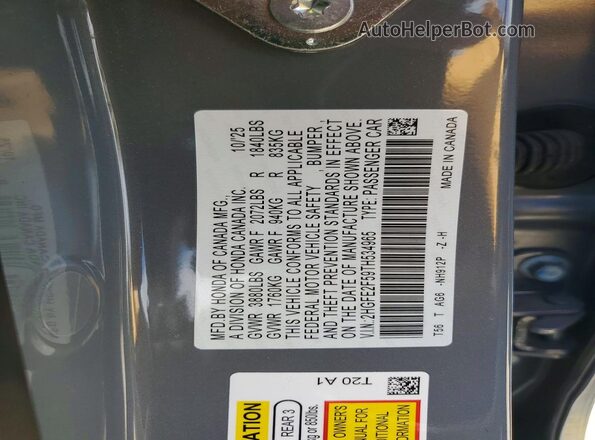 2HGFE2F59TH534965 2026 HONDA CIVIC Gray VIN კოდის სტიკერის ხედი
