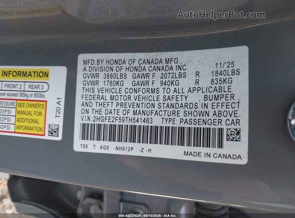 2HGFE2F59TH541463 2026 HONDA CIVIC Gray Widok komory silnika
